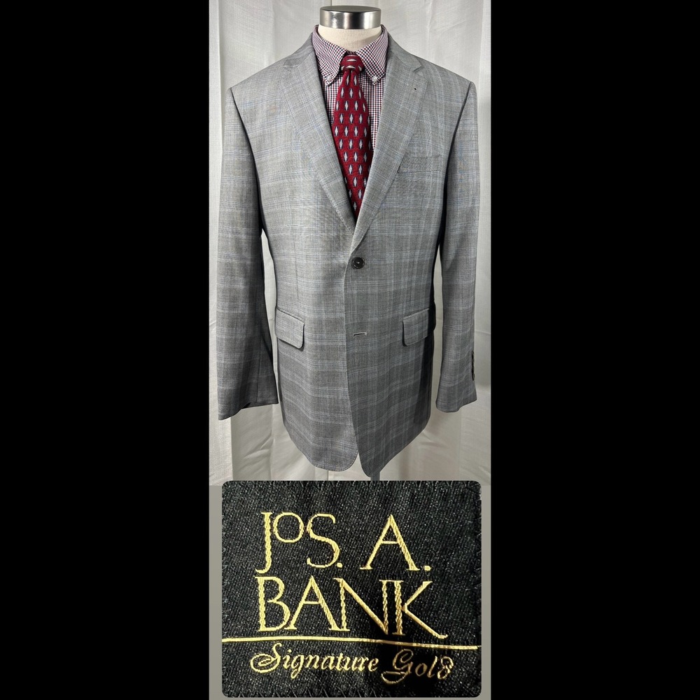 Jos A Bank Signature Gold Mens 42R Grey Glen Plaid Wool 2 Button Blazer